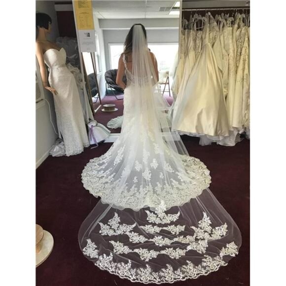 MisShow White Ivory Wedding Veils Lace Edge Cathedral Length Wedding Bridal main image 8